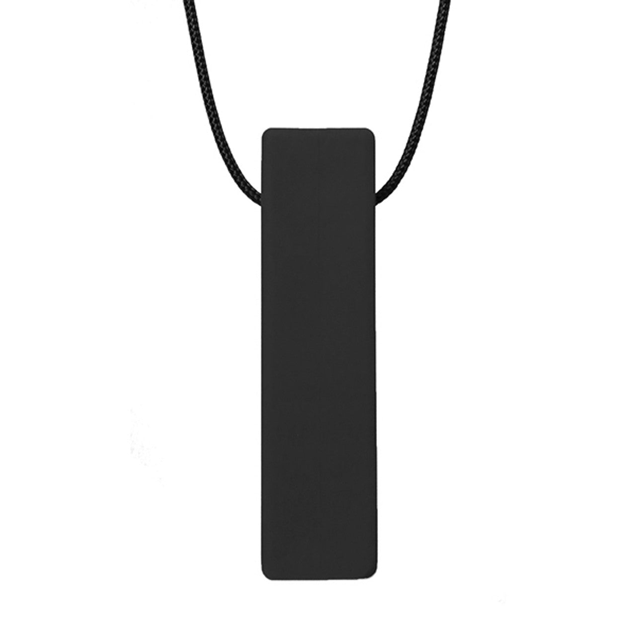 There is a smooth brick shaped pendant on a black cord. The pendant is black coloured and designed to be chewed on.
