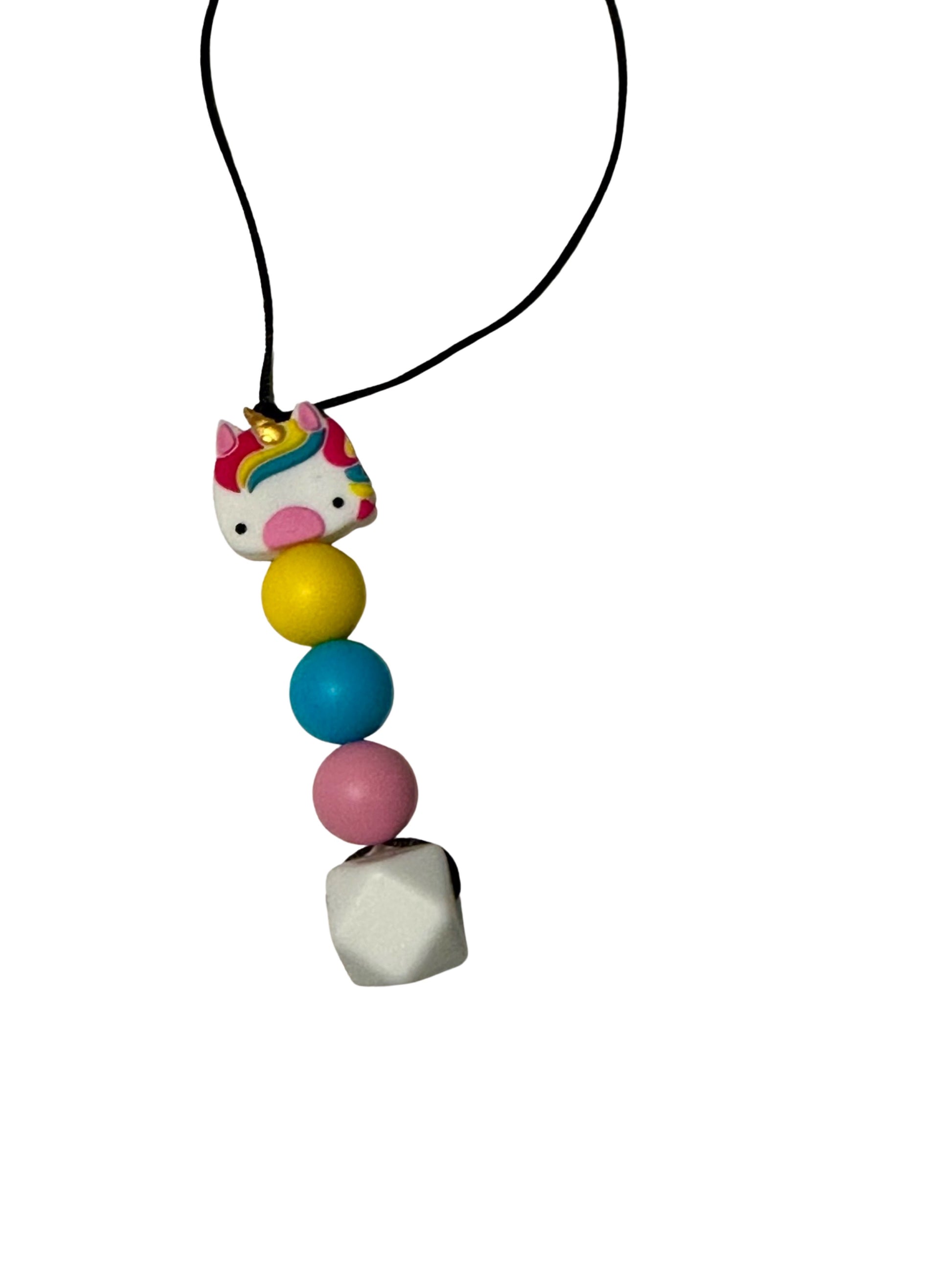 There is a unicorn bead on the top of these chewable beads. Underneath are three rounds beads in the following colours: yellow, blue and pink. There is a large white hexagon at the bottom.