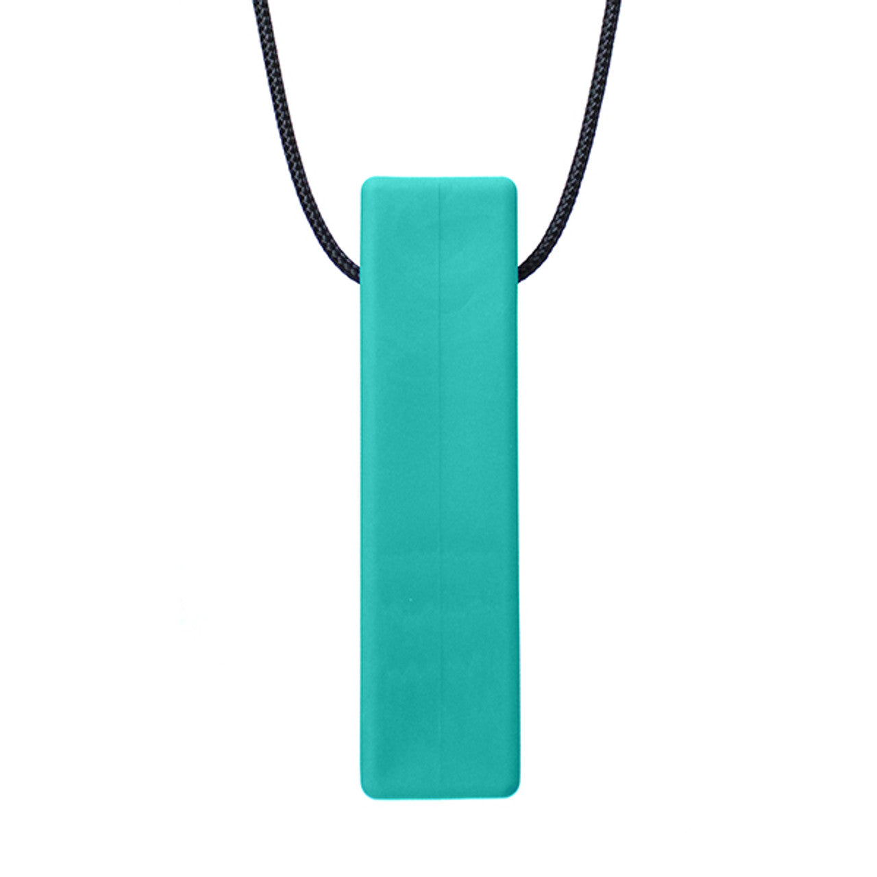 There is a smooth brick shaped pendant on a black cord. The pendant is teal coloured and designed to be chewed on.