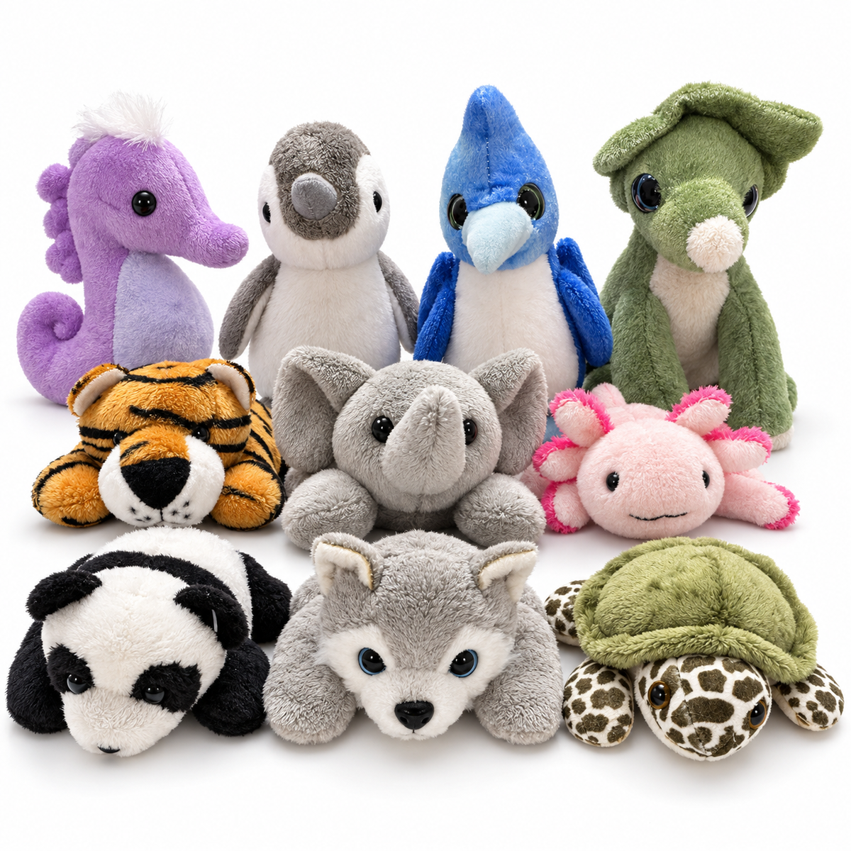 A group of ten different plush animal toys arranged together on a plain white background, including a purple seahorse, penguin, Pteranodon, Triceratops, tiger, elephant, pink axolotl, panda, wolf, and turtle.