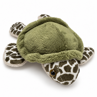 A plush sea turtle toy with an olive green fuzzy shell and head, and brown-and-white spotted flippers and tail, photographed on a clean white background.