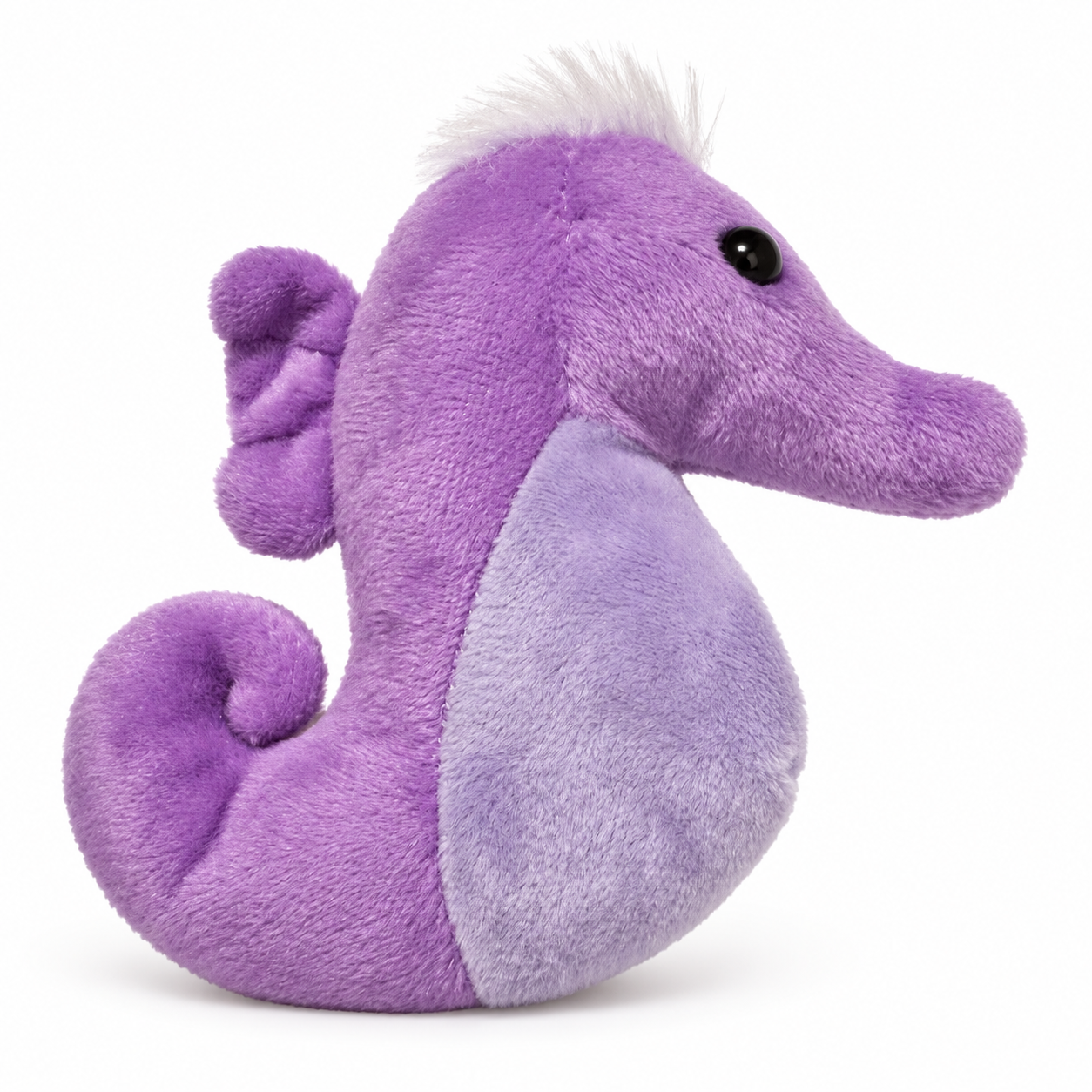 A purple plush seahorse toy with a lighter purple belly, small black eyes, and short white tufts of fur on its head, shown against a plain white background.