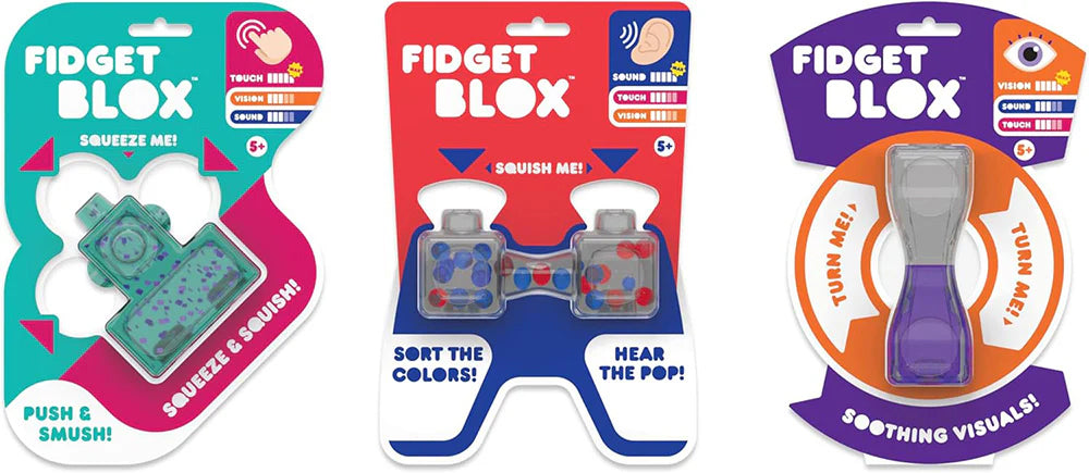 Three packages of Fidget Blox toys with different features on a white background. The first one highlights the Touch aspect. The second one highlights the Sound aspect. The third one highlights the Vision aspect. 