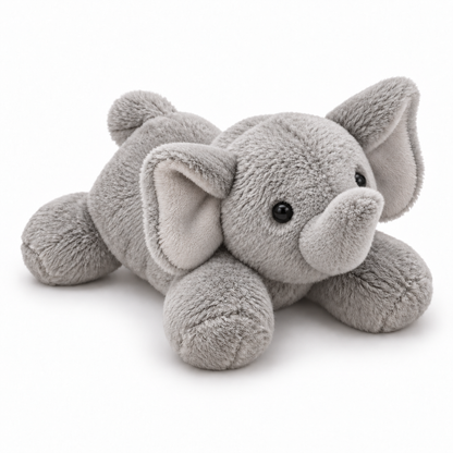 A light gray plush elephant toy lying down, featuring soft textured fabric, large floppy ears, small black bead eyes, and a trunk, photographed on a clean white background.