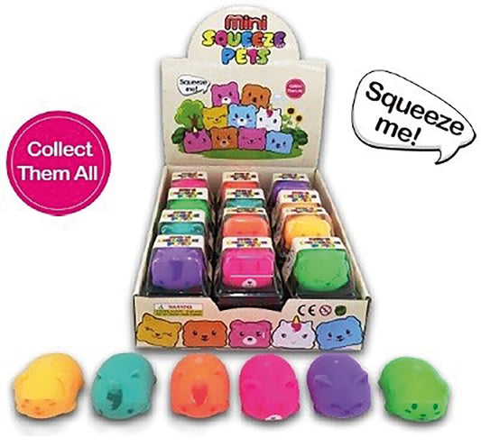 Display of Mini Squeezie Pets squishy toys in assorted bright colours, featuring small animal-shaped squeeze toys in individual packaging.