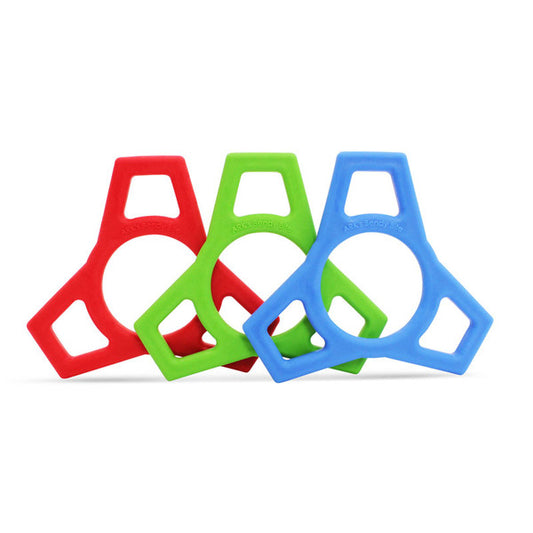 There are three chewable fidgets. From the left there are the following colours: red, green, blue. The fidgets are designed to be chewed on and also squeezed. 