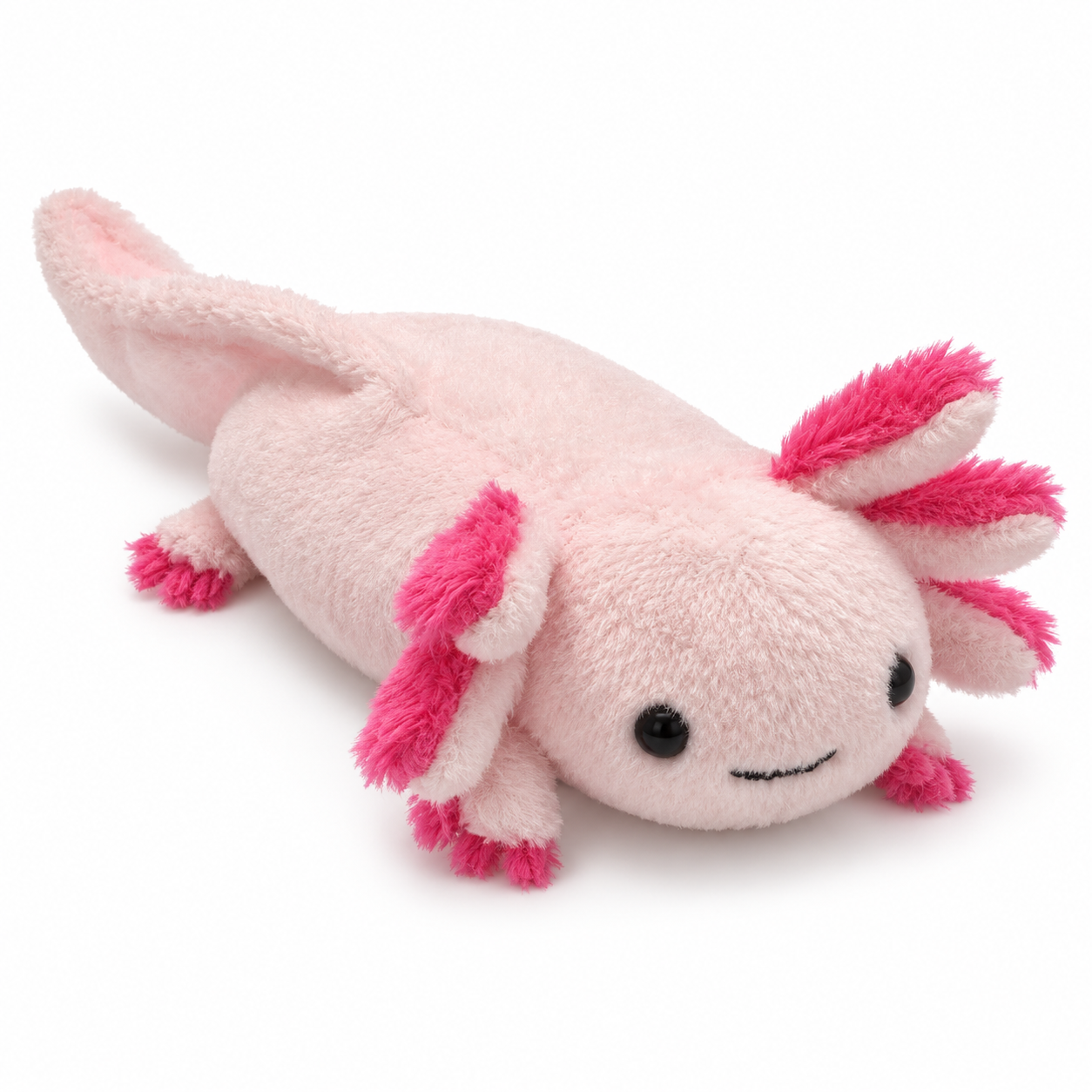 A pink plush axolotl featuring bright magenta-pink gills, fins, and feet, with simple black embroidered eyes and a smile, set against a plain white background.