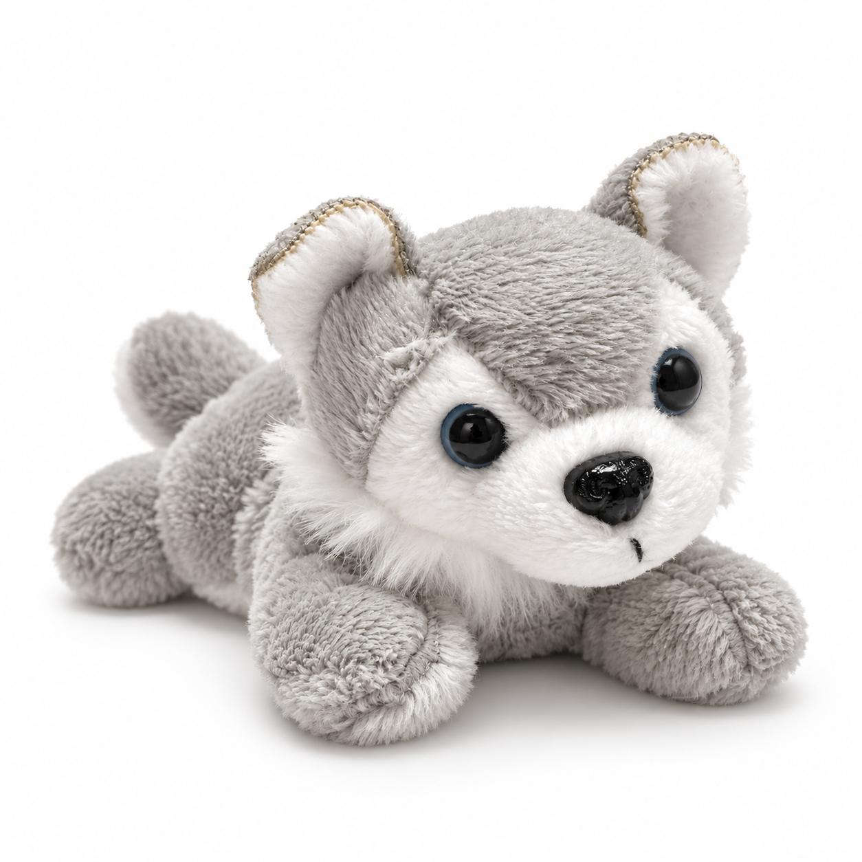 A plush stuffed wolf lying down on a white background. The toy features gray and white faux fur, black plastic eyes, and a black nose.
