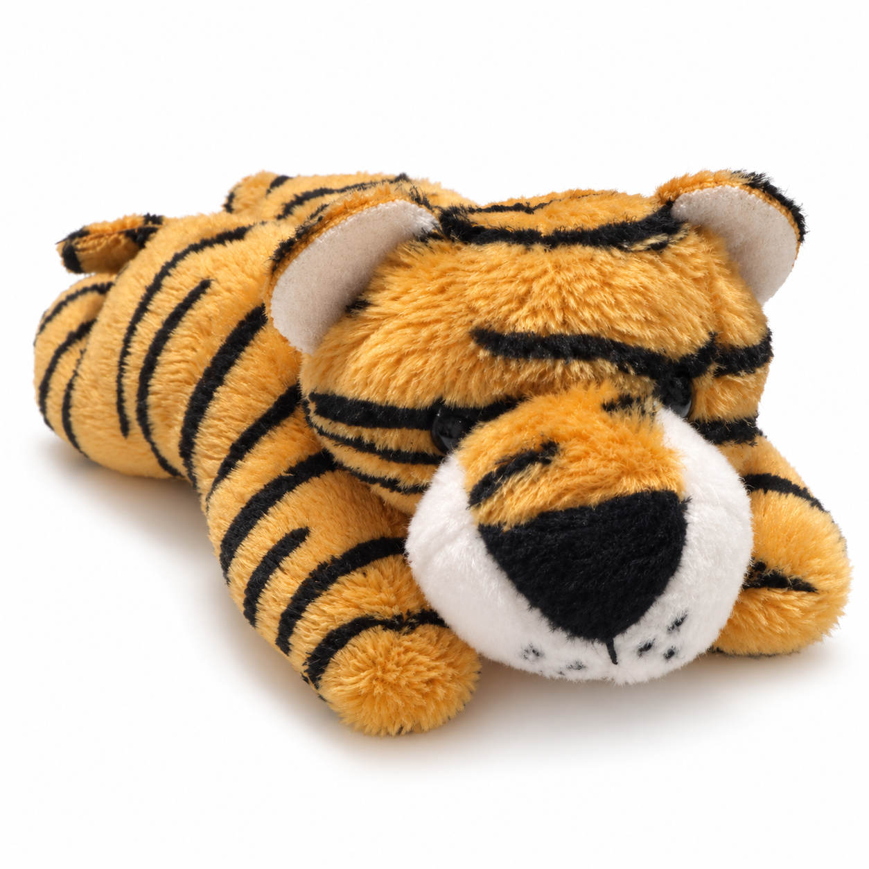 A plush tiger toy lying down on a clean white background. The toy features orange and black stripes, white inner ears, and a white muzzle with a black nose.