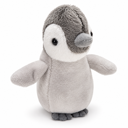 A plush penguin toy with a soft gray body, white face, and dark gray beak, feet, and back, photographed on a clean white background.
