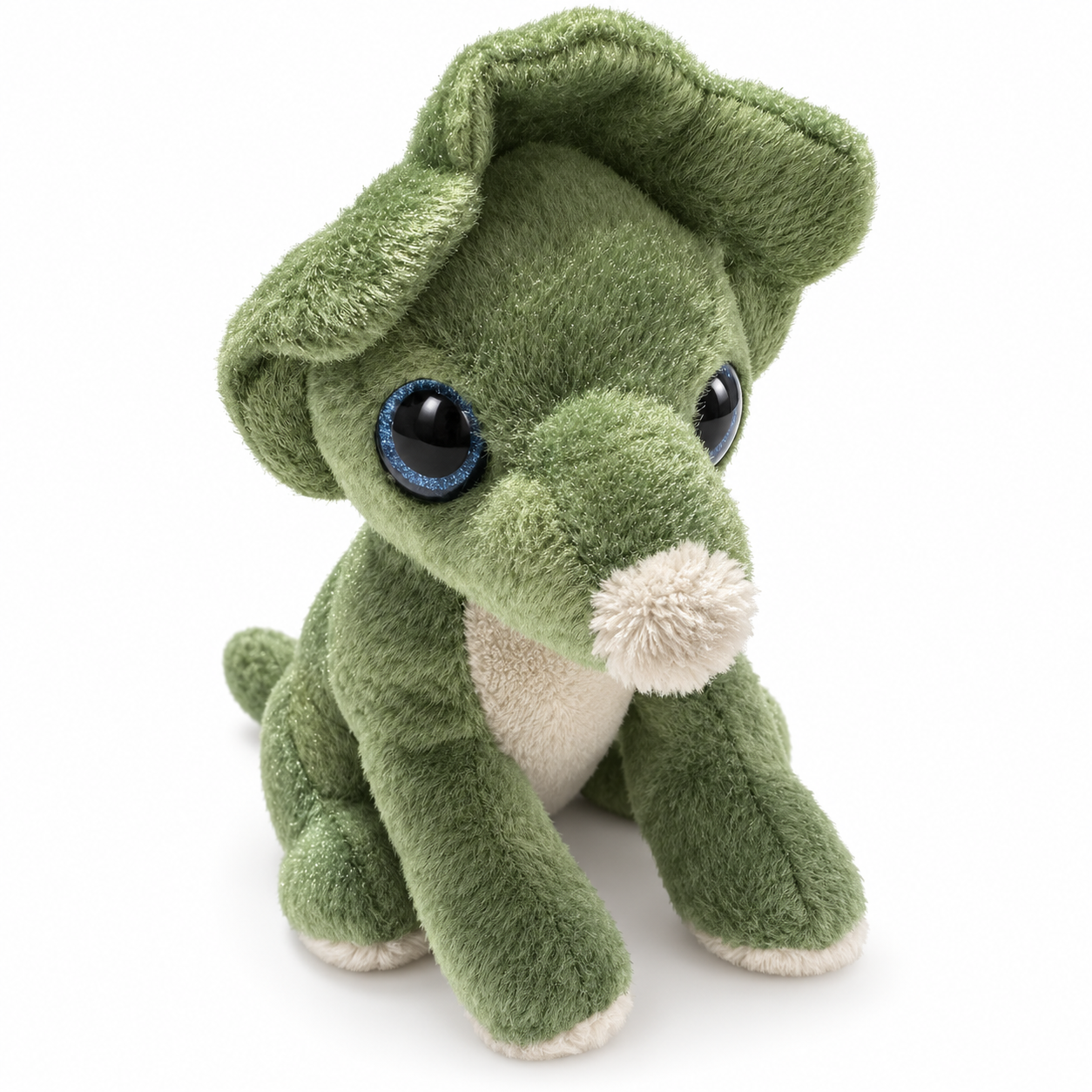 A green Triceratops plush toy on a clean white background. 