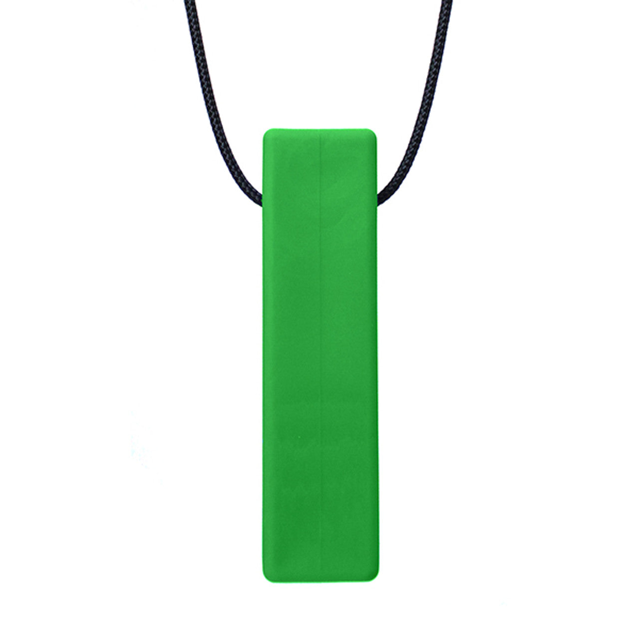 There is a smooth brick shaped pendant on a black cord. The pendant is green coloured and designed to be chewed on. 