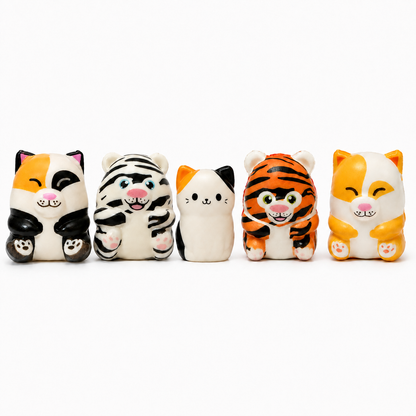 Five cute cat squishes lined up on a plain white background, each with a different pattern. 