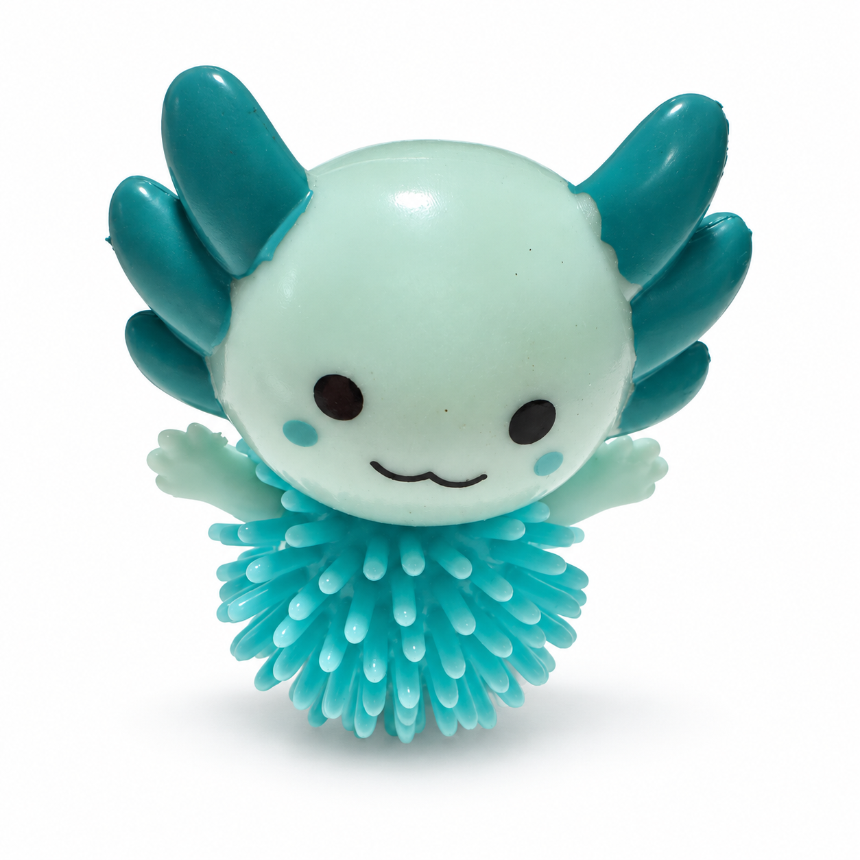 A small teal axolotl with a spiky body. 