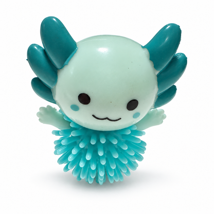 A small teal axolotl with a spiky body. 