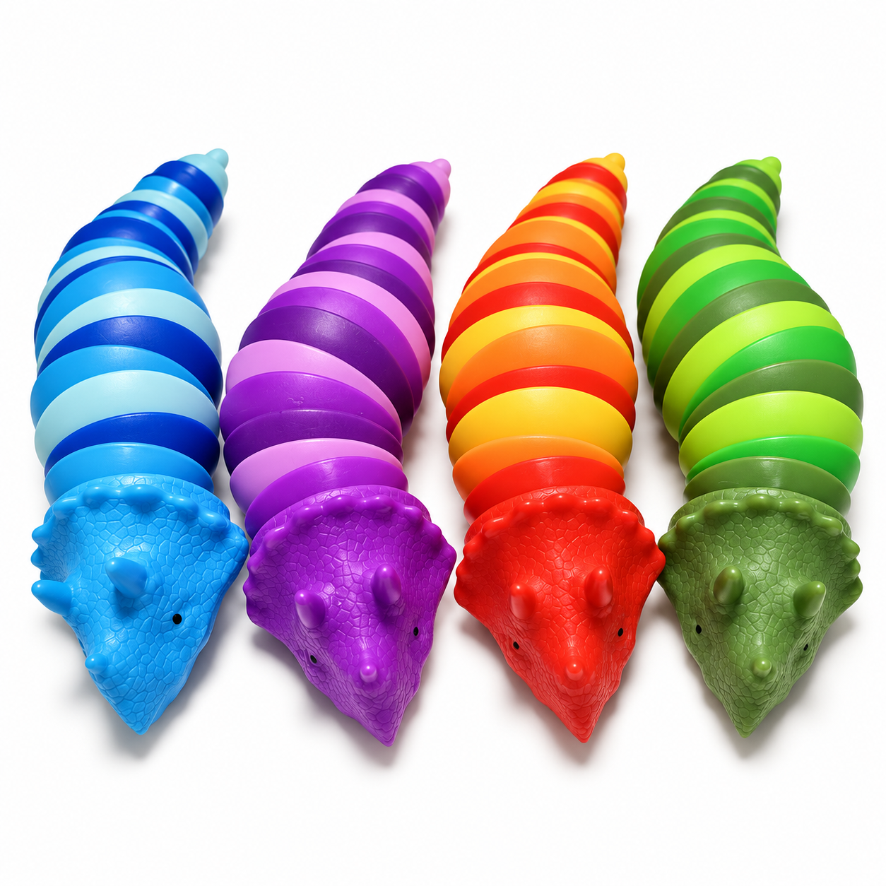 Four colorful wiggle triceratops arranged side by side on a plain white background. The toys have striped patterns in blue, purple, red-orange-yellow, and green, with heads in blue, purple, red, and green.