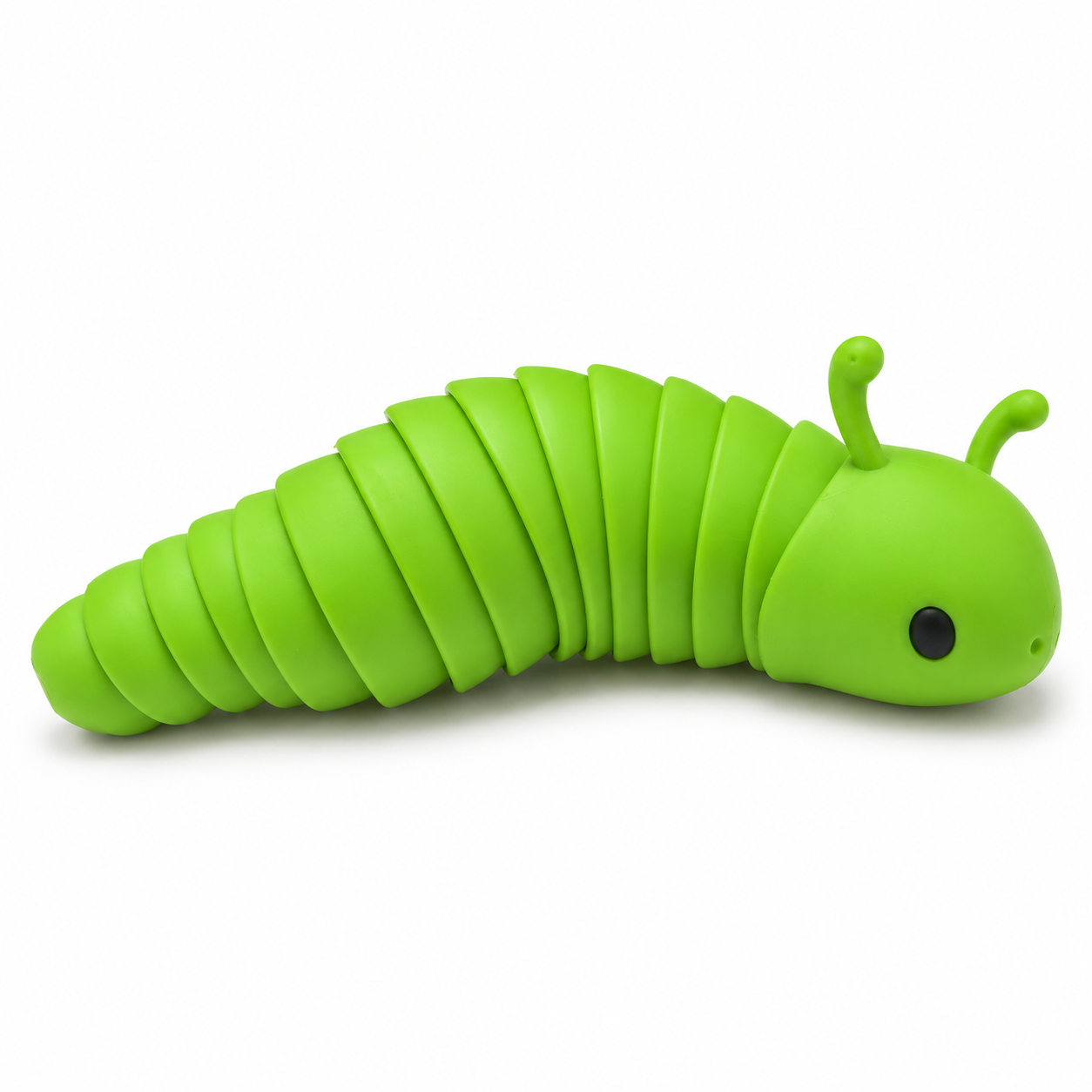 A bright green caterpillar wiggle toy 