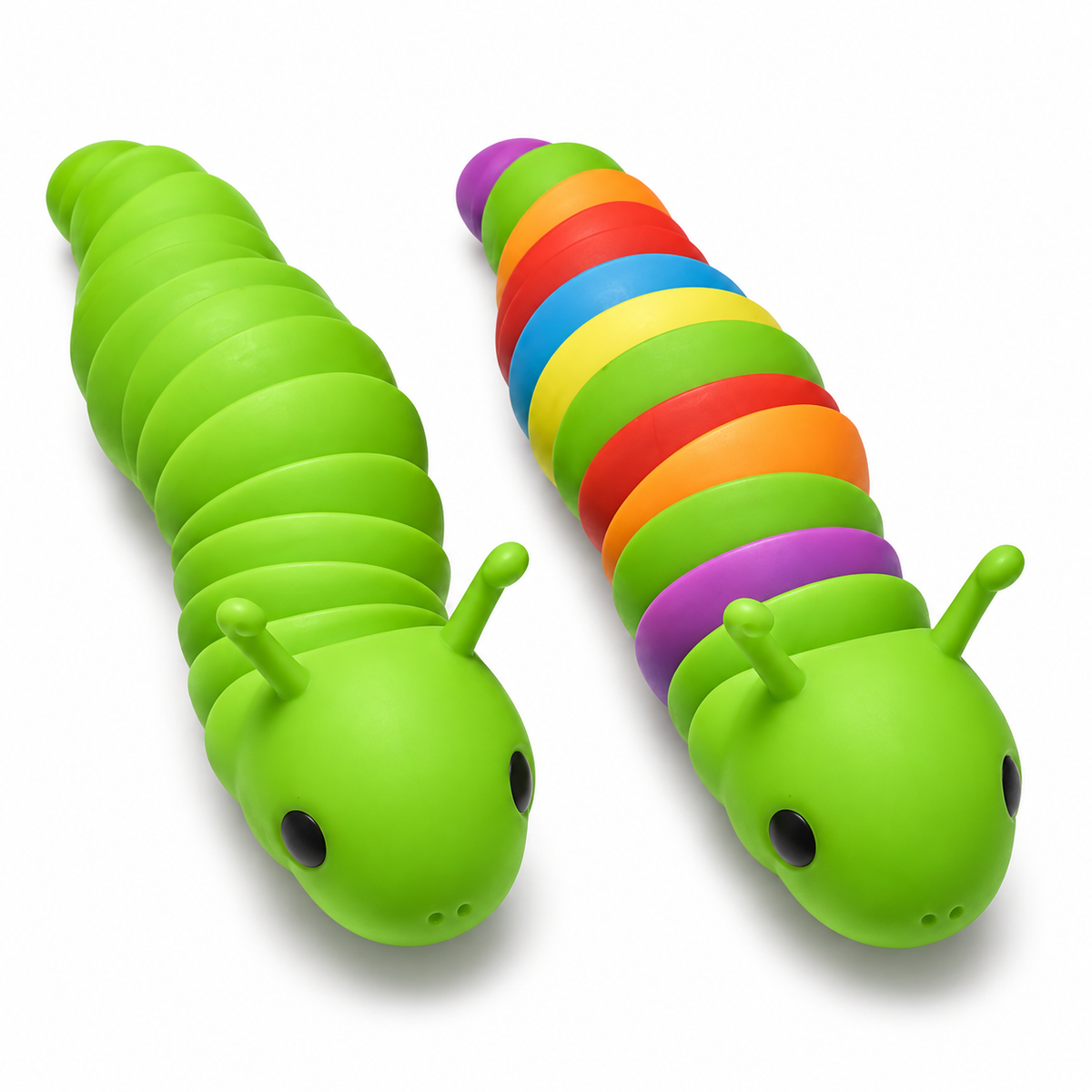 Two caterpillar wiggle toys on a white background, one solid bright green and one segmented with rainbow colors including purple, blue, yellow, orange, and red.