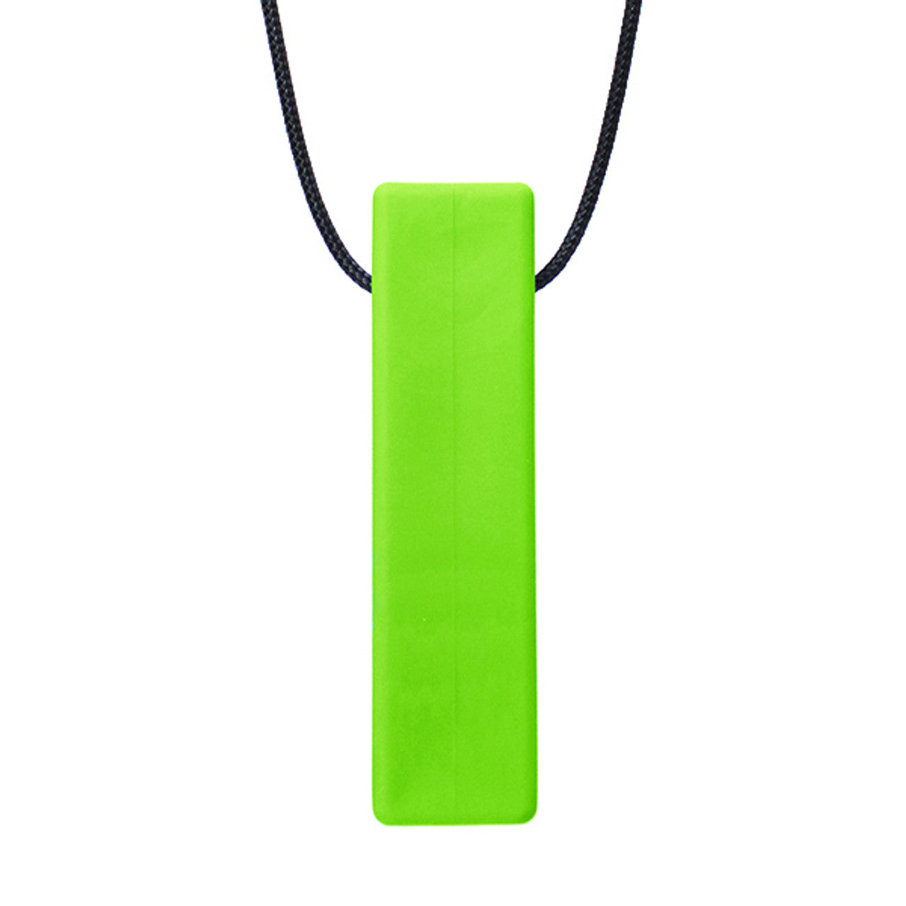 There is a smooth brick shaped pendant on a black cord. The pendant is lime green coloured and designed to be chewed on. 