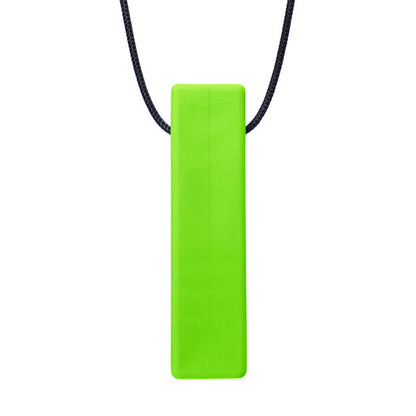 There is a smooth brick shaped pendant on a black cord. The pendant is lime green coloured and designed to be chewed on. 