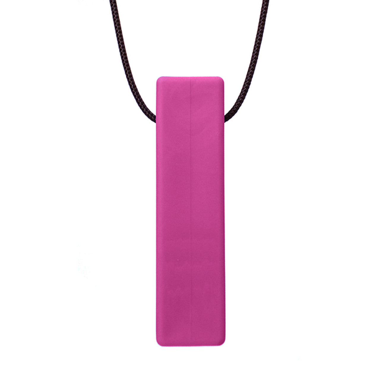 There is a smooth brick shaped pendant on a black cord. The pendant is magenta coloured and designed to be chewed on. 