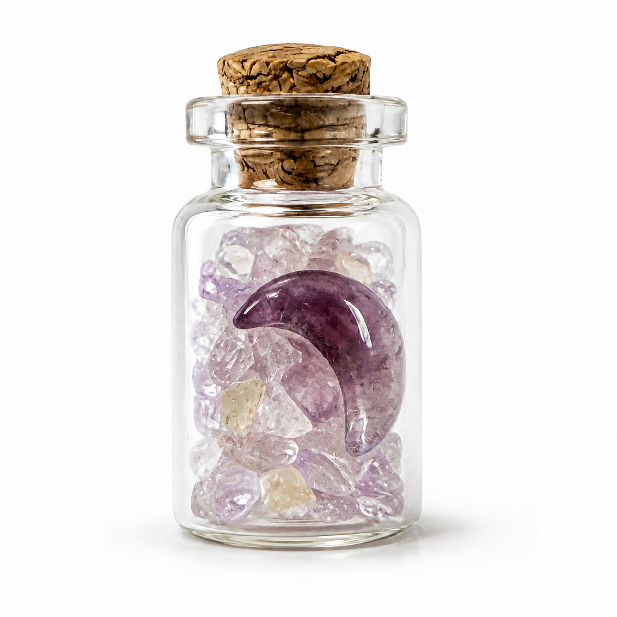 Close-up of a small corked glass shaker pendant filled with translucent clear and pale purple gems surrounding a purple-to-clear crescent moon.