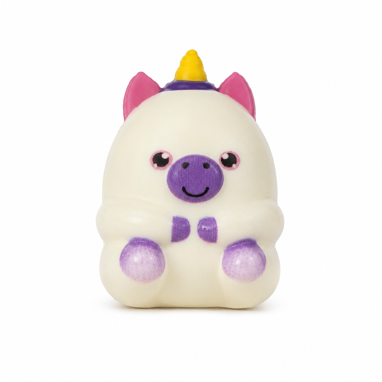 A cute, white squishy unicorn toy with pink ears, a purple snout, a yellow horn, and glittery purple hooves, centered on a white background.
