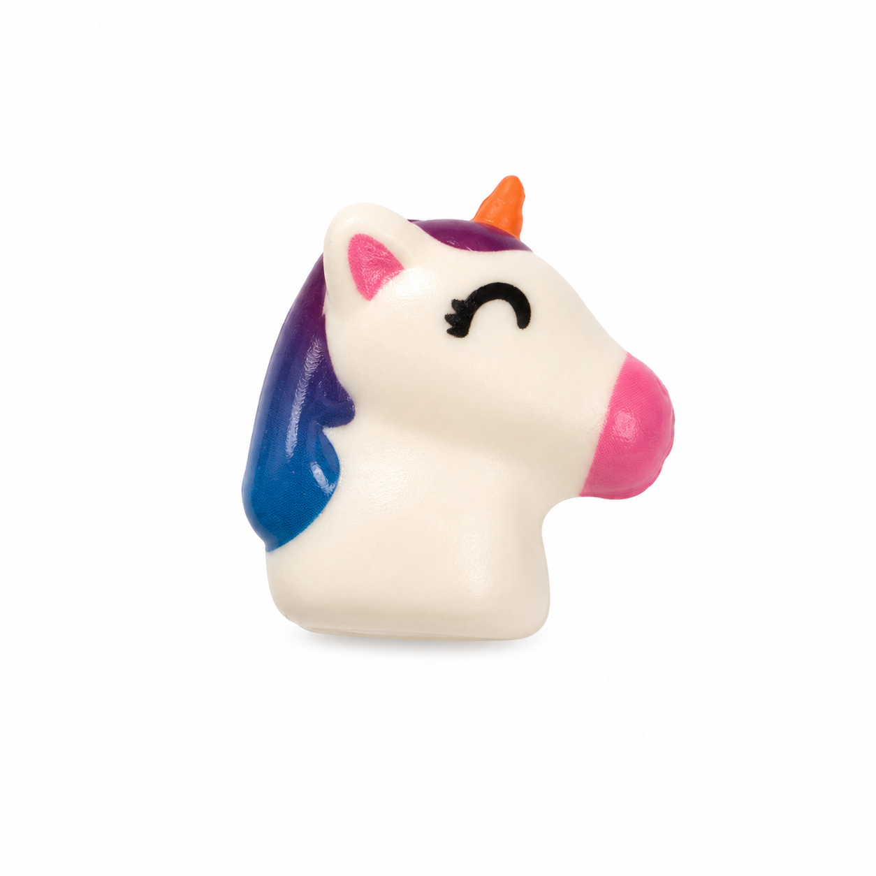 A small white unicorn head figurine with a purple and blue mane, pink nose and inner ears, and an orange horn, shown on a plain white background.