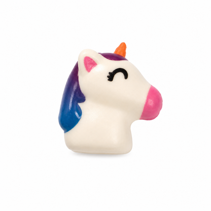 A small white unicorn head figurine with a purple and blue mane, pink nose and inner ears, and an orange horn, shown on a plain white background.
