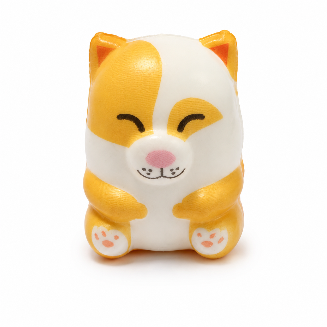 A cute, squishy cat-shaped toy figurine with a white and golden-yellow color scheme, featuring a pink nose and closed eyes, set against a plain white background.